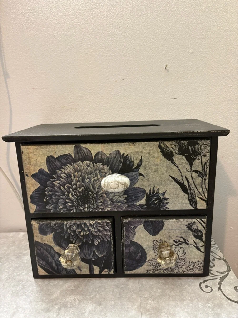 Floral Wooden  Box with Drawers - Kleenex holder